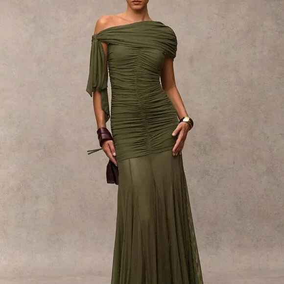 Army Green Elegant Women's Ruched Asymmetric Dress - Picture 4 of 8